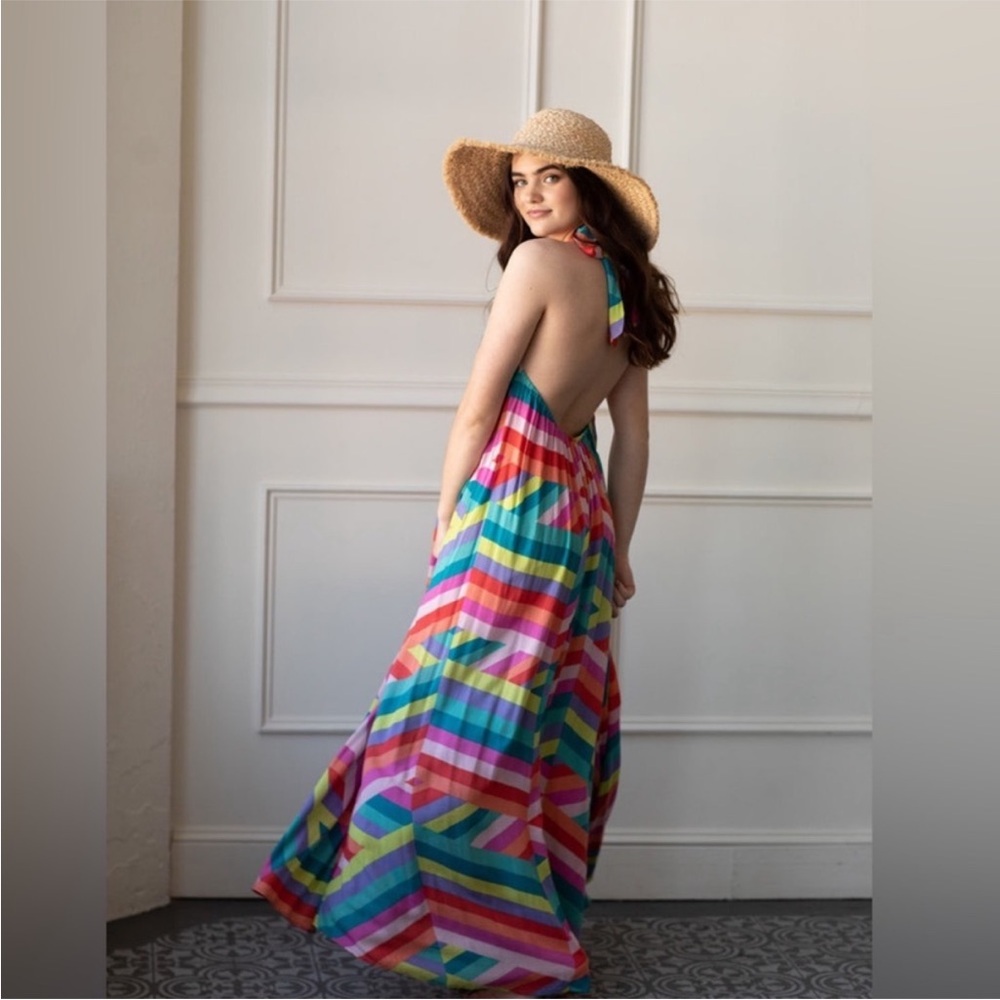 Elan Colorful Stripe halter Maxi Dress - Picture 3 of 9